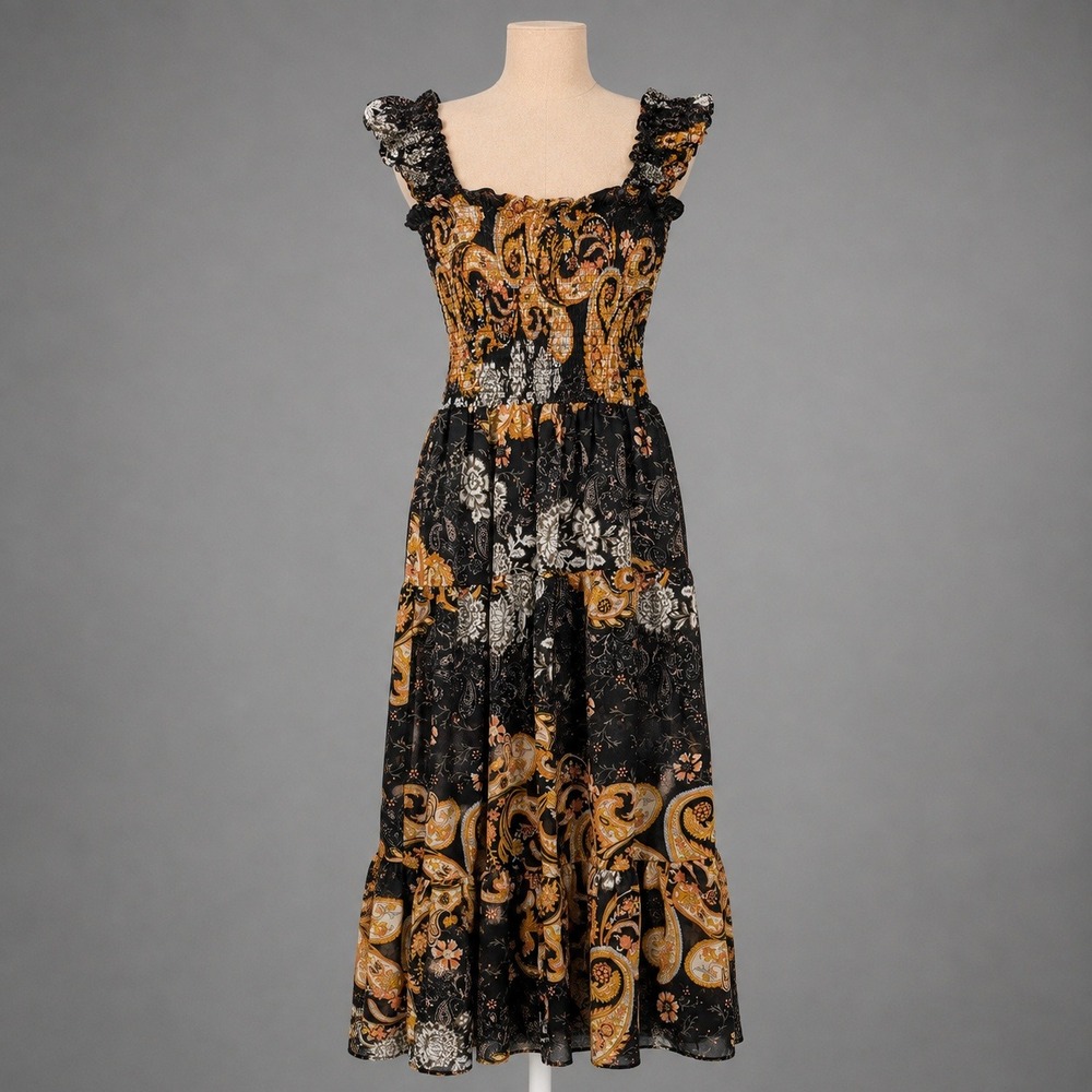 Paisley Smocked Tiered Maxi Peasant Dress Size M Whimsigoth Witchy Romantic Boho